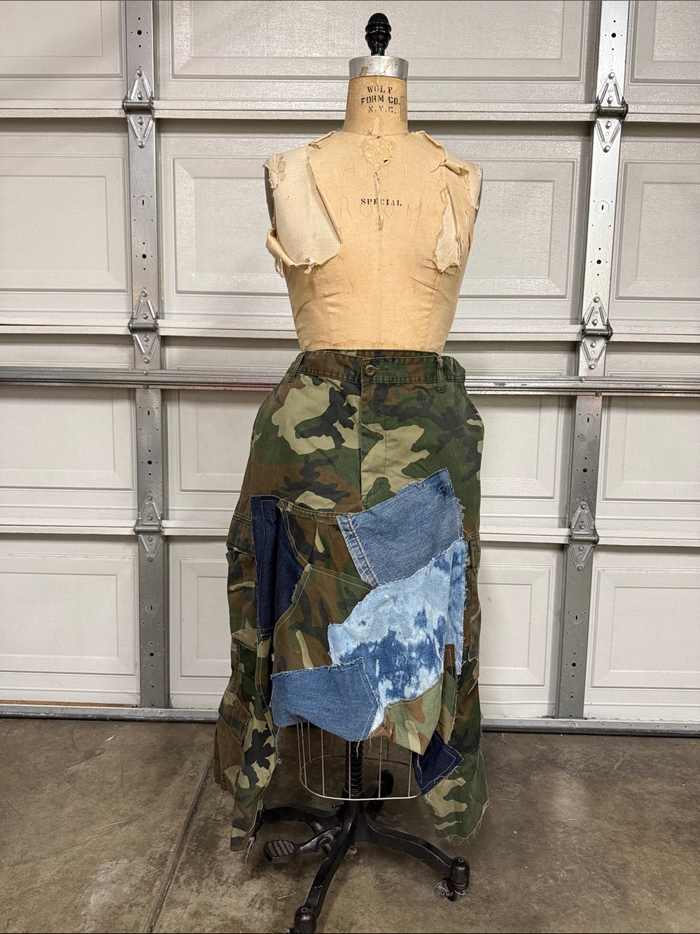 Camouflage Patchwork Harem Pant - Green Camo with Denim Patches